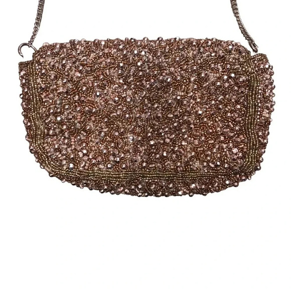 Zara Beaded Brown Clutch or Purse  with Chain - Picture 3 of 5